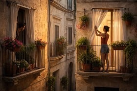 Vicino che spia dal balcone