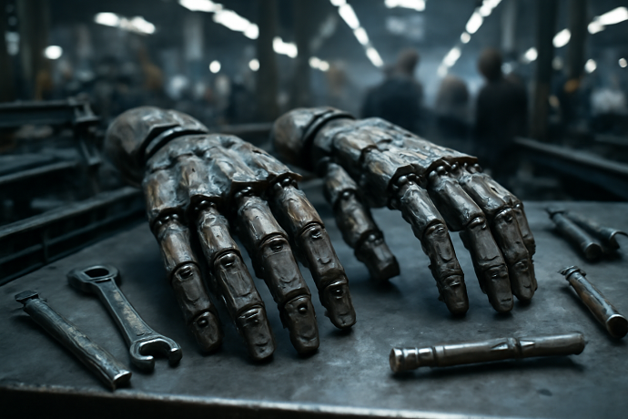 robot e uomini in fabbrica