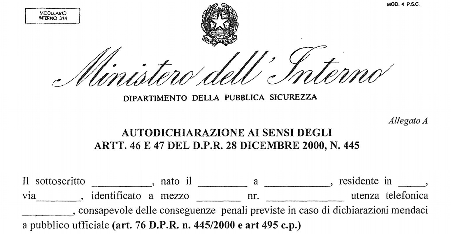 Nuovo modello autocertificazione oggi in uscita giovedì 26 Marzo 2020